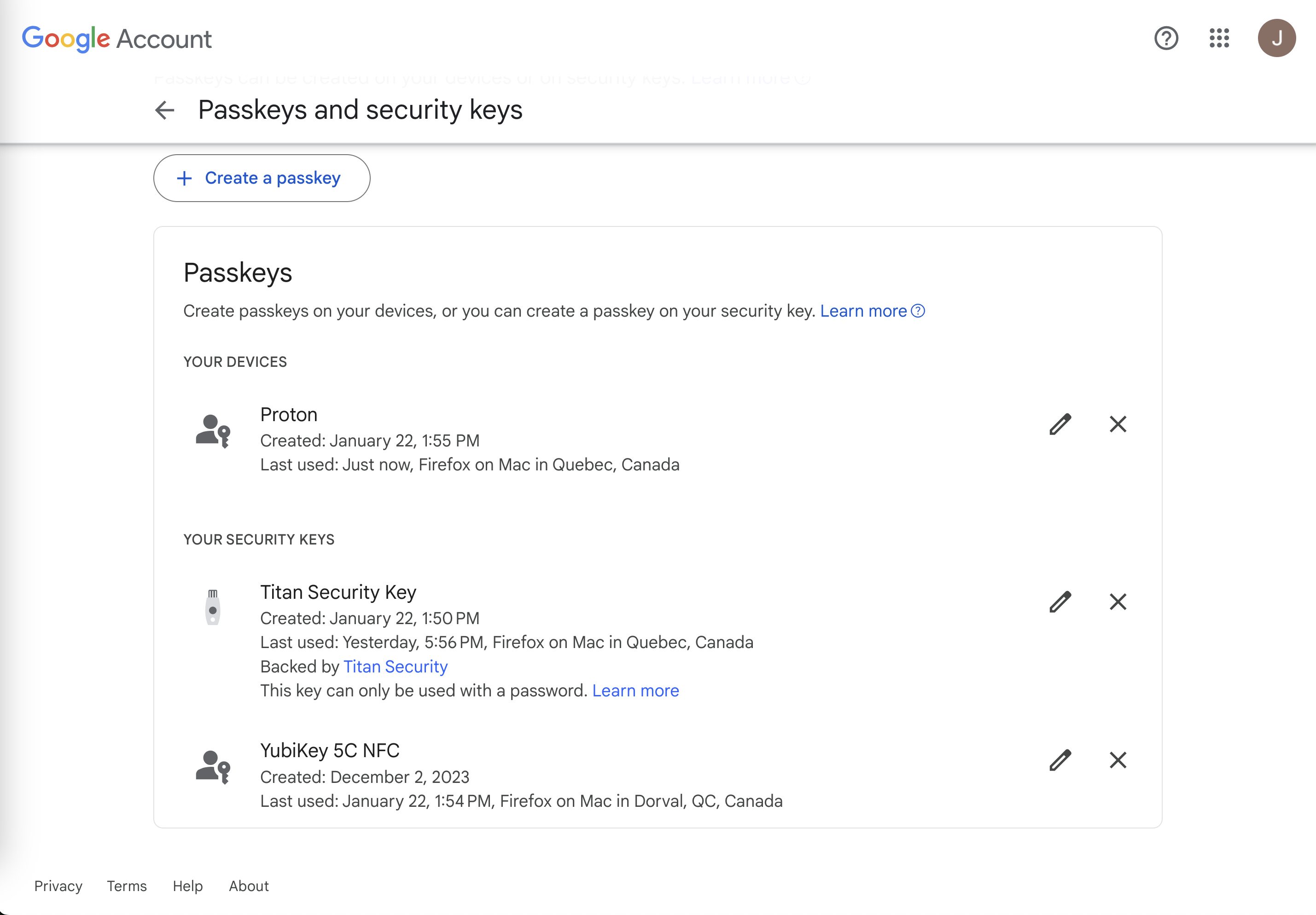 google passkey settings screenshot