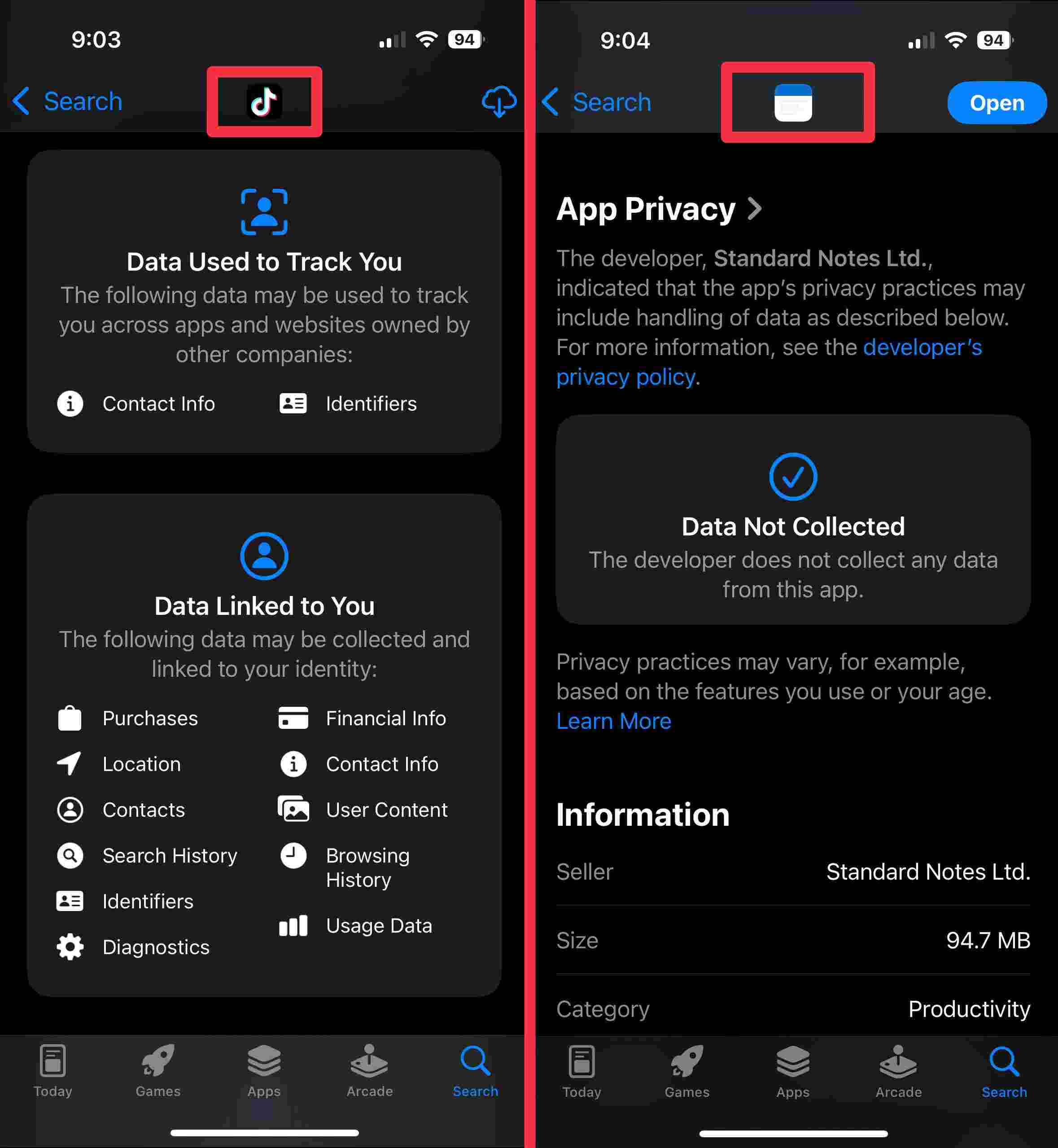 iOS App Store Standard Notes Permissions & Data linked to you